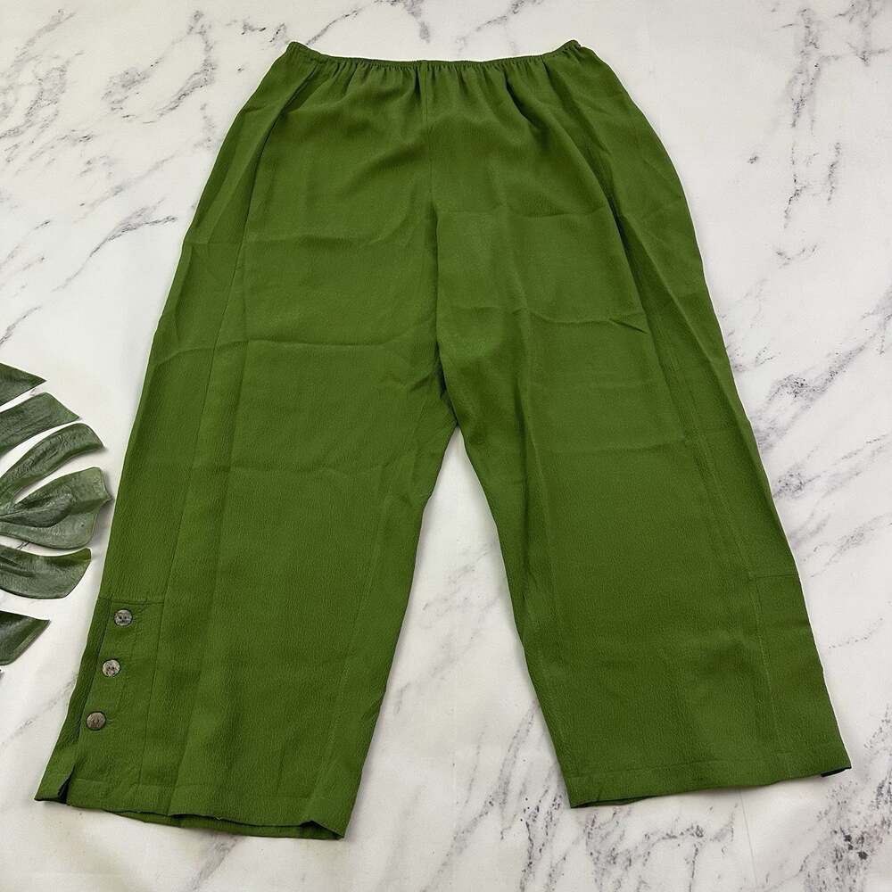 Citron Santa Monica Womens Wide Leg Pant Plus Size 1x Green Silk Pull On Buttons